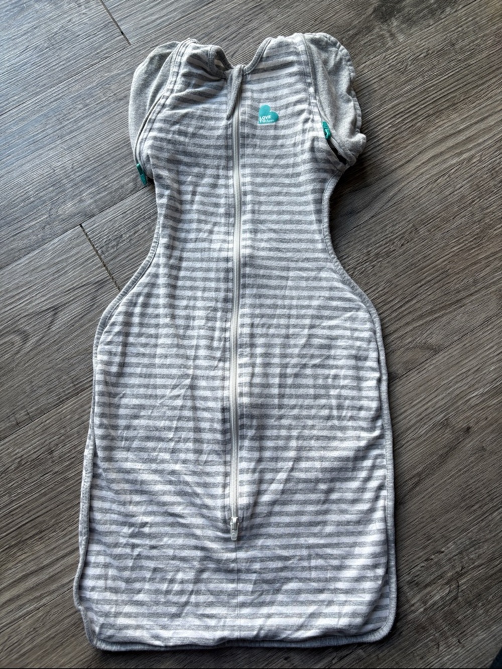 Love to dream Gray & White Striped Swaddle Sleep Sack with Teal Logo